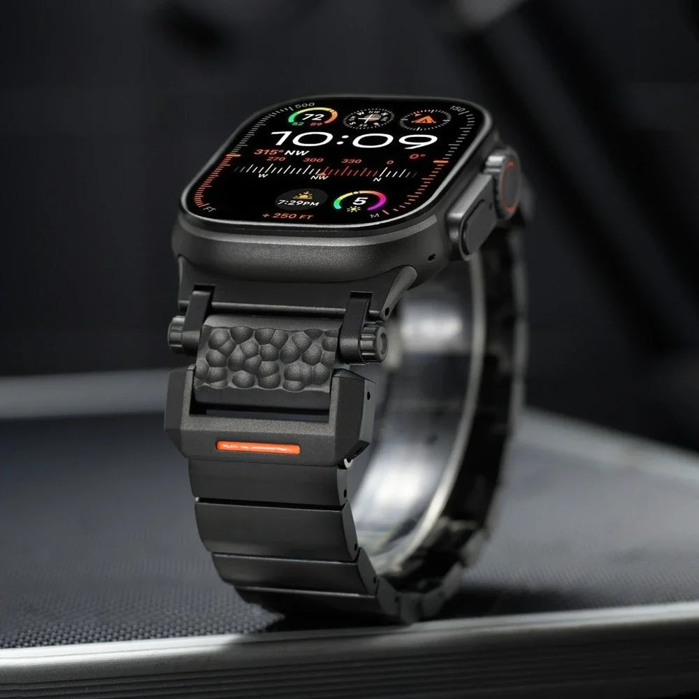 TitanEdge Titanium Band for Apple Watch Ultra 3-2 and Series 11-1 on a sleek black watch display.